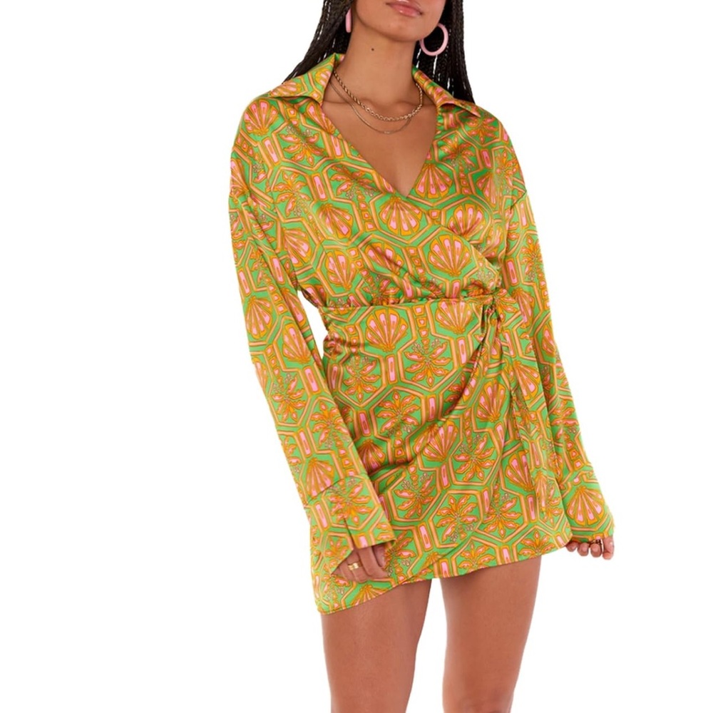 Show Me Your Mumu Clara Collared Mini Dress in color Palm Deco